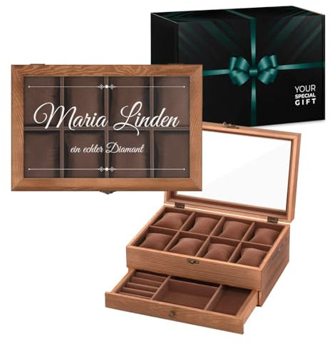 Maverton Uhrenbox mit Gravur - braune Uhren Aufbewahrungsbox für 8 Uhren mit Glasdeckel und Schublade für Schmuck - funktionale Schmuckschatulle für Frauen und Paar - 30x20x12,5cm - Diamant