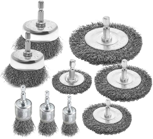 9 Pièces Brosses Métalliques pour Perceuse, Lot de Brosses Métalliques de Nettoyage avec Tige Hexagonale 1/4, Brosses Rondes pour l'élimination de la Rouille/Corrosion/Peinture