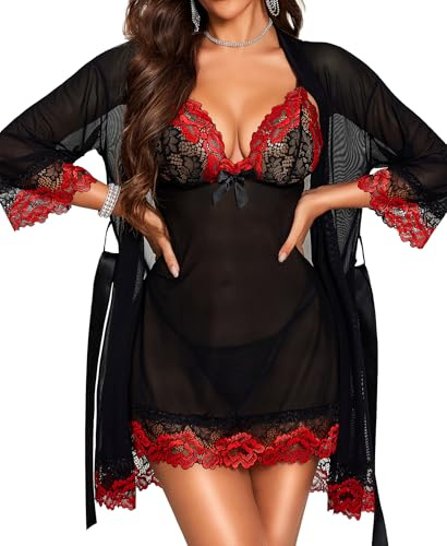 RSLOVE Lencería sexy para mujer, de estilo babydoll con encaje y albornoz, vestido de noche, ropa de noche, negro rojo, S