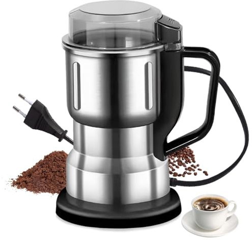 Elektrische Kaffeebohnenmühle, WASAGA 300W Edelstahl-Kaffeemahlmischer mit Überhitzungsschutz für Nussgewürze Samen Körner