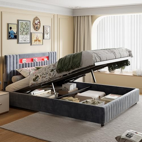 Sempoda Struttura letto con contenitore idraulico sollevabile, 160 x 200 cm, in velluto grigio, ottomano con sistema di sollevamento a gas, letto ottomano con luce, letto imbottito con leva idraulica