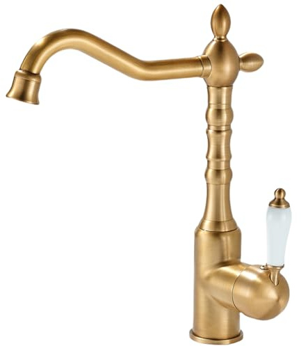 Bathroom Sink Basin Tap Ceramic Single Handle 360° Rotable Spout Deck Mounted Mixer Tap,Vintage Swan Monobloc Kitchen Sink Tap 1 Hole One Handle Taps Antique Brass