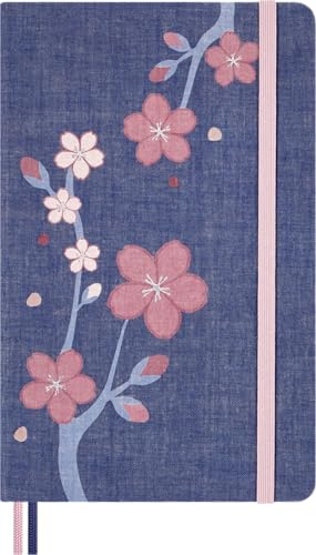 Moleskine Taccuino Sakura, Taccuino a Righe, Copertina Rigida in Tessuto e Chiusura Elastica, con Biglietto di Auguri e Adesivi a Tema, Formato Large 13 x 21 cm