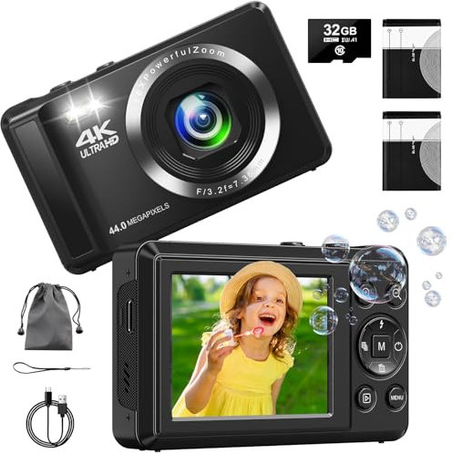 Digital Camera - 4K 64MP Compact with 16X Zoom, Auto-Focus & SD Card