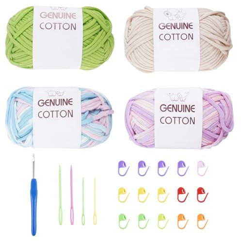 FOGAWA 4 x 50g Häkelgarn Dickes Garn T-Shirt Garn Grobes Baumwolle Garn zum Häkeln Bändchengarn für Anfänger mit Häkelzubehör für Teppiche Puppen (Beige, Herbstgrün, Rosa-Lila, gemischte Farben)