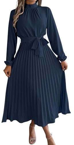 Kleid Damen Langarm Abendkleider Elegant Für Hochzeit Lang Frühlingskleid Plissee Kleider Faltenkleid Mit Gürtel Maxikleid Frauen A Linie Casual Freizeitkleid Stehkragen Herbstkleid Puffärmel