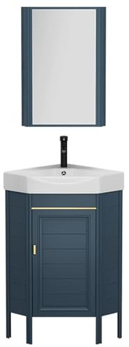 HOLGVE Lavabo d'angle, Lavabo d'angle en Céramique, Meuble-lavabo de Salle de Bain Avec Miroir, Meuble-lavabo D'angle de Salle de Bain, Lavabo de Salle de Bain Sur Pied Avec Récipient de Rangement(15i