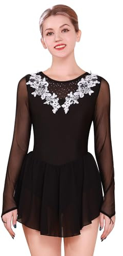 FYMNSI Damen Tanzkleid Eiskunstlauf Kleid Langarm K�rkleid Rollkunstlauf Wettbewerb Tanzanzug mit Strass Blumen Mesh Chiffon Rock Ballettkleid Gymnastik Leotard Turnanzug Tanzkost�m Schwarz XL