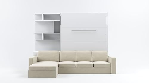 MAXIMAHOUSE Schrankbett Vertikal Invento NOVA 160V (160x200) mit Couch Ecksofa, und Bücherregal, Lattenrost aus Holz, Wandbett Klappbett, Bett im Schrank (Weiss Matt+Beige)