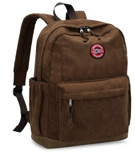 RAVUO Rucksack Herren Damen,Cord Schulrucksack Teenager für Mädchen und Jungen 15.6 Zoll Laptop Rucksäcke Backpack Women Men School Bag Daypacks mit Seitentaschen Braun