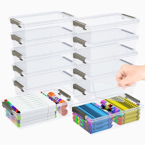 GEOPHIA 12 Pack Extra Large Pencil Box with Removable Dividers, Thickened Plastic Pencil Case Bulk, Clear Crayon Storage Box Stackable Marker Organizer Containers for Pen, Craft, Art (12 Pack)