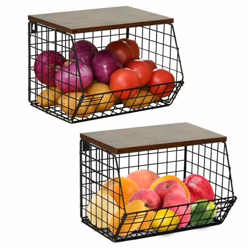 2 Pack Vegetable Rack,Wall Mounted Fruit Basket for Kitchen,Countertop,Vegetable Rack for Kitchen,Hanging Veg Baskets, Black Wire Basket,Stackable Fruit And Veg Storage for Onion,potato,Bread (2)