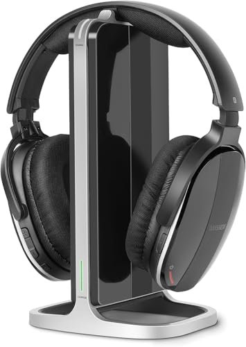 Daysnew Casque sans Fil pour Regarder la télévision avec Station de Charge et émetteur RF, Casque TV Confortable pour Seniors, Compatible avec Toutes Les télévisions, Noir et Argent