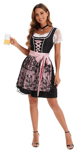 Velcoxplay - Dirndl da donna midi, abito tradizionale da donna, con pizzo, abito da dirndl da donna con blusa e grembiule da dirndl, 3 pezzi, per Oktoberfest e Carnevale, Nero , M