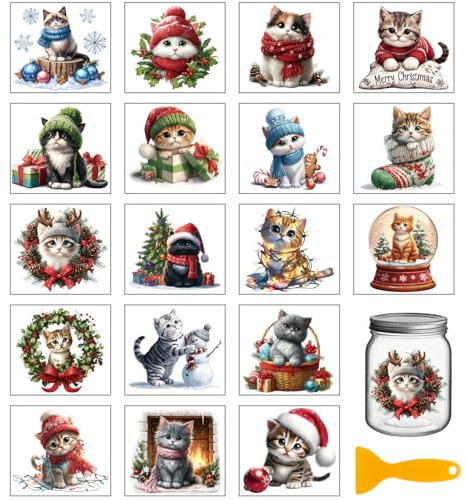GLOBLELAND 18 Blatt Weihnachtskatzen Rub On Sticker Winter Tiere 3.9x3.6 Zoll Transferaufkleber Weihnachts Kätzchen Rub On Folie Aufkleber Aesthetic Für Möbel Glas Holz Fotoalbum Aufkleberästhetik
