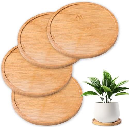 4 Pcs Round Wooden Tray, Bamboo Tray 15.5cm Eco-Friendly and Wooden Plate Durable Plant Saucers For Coaster Indoor Outdoor