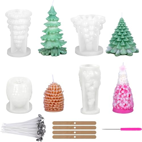JOLY FANG Weihnachten Silikon Kerzenformen Set, 4 Stück 3D Weihnachtsbaum & Tannenbaum Kerzenform, Silikonformen zum Gießen für DIY Duftkerzen, Gips Ornamente & Weihnachtsdeko