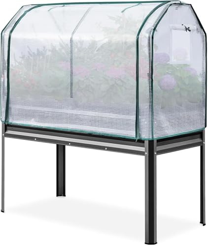 KING BIRD Large Raised Garden Bed with Cover, Galvanized Elevated Planter Box with Legs for Backyard, Patio, Balcony, 120x58x140cm