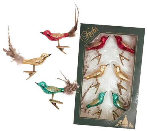 Krebs Glas Lauscha - Weihnachtsdekoration/Christbaumschmuck aus Glas - Minivogel-Set, Glanz - Menge: 6 Stück - Farbe: jeweils 2 in Rot,Gold und Grün - Größe: ca. 6 cm