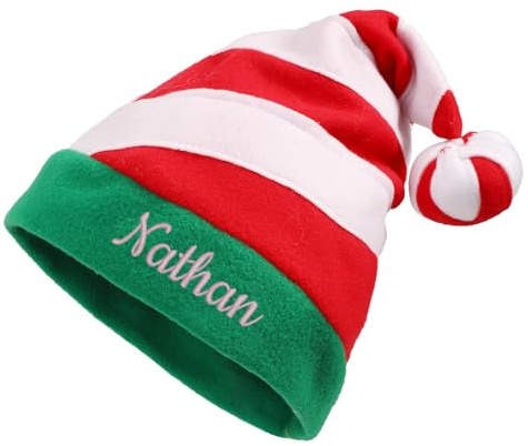 Generisch Weihnachtsmütze Personalisiert mit Gesticktem Namen Nikolausmütze Kinder Erwachsene Rot-weiße Streifen Christmas Hat für Xmas Party Weihnachts Kostüme Accessoires