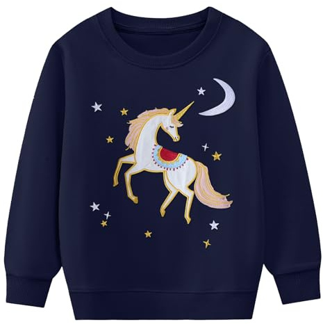 Baogaier Sweatshirt för flickor, Crewneck Enhörning Tryckt Broderi Pullover, Utan Huva Tröjor Tröja Bomull Långärmad T-shirt Casual Toppar, Barnkläder och Flickor Sweatshirt 2-7 år, Marinblå, 5-6 anni
