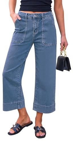 Utyful Womens Jean Capris for Summer Women's Capri Pants Patch Pockets Women Wide Leg Capri Jeans 24 Inch Inseam Cropped Reef Blue Medium Fits US Size 8 to 10