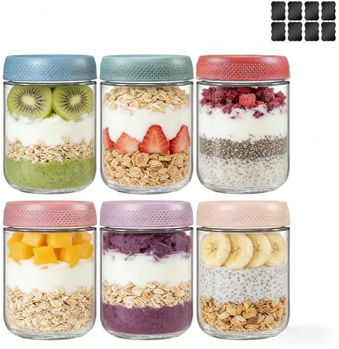 Kiswleon 6 Pack Overnight Oats Jar 500ml with Airtight Screw Lids,Stackable Glass Jars with Lids,Overnight Oats Container for Salad Jam Meal Prep Yoghurt Breakfast