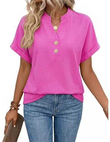 heekpek Maglietta Donna Maniche Corte Collo a V Magliette Estive T-Shirt Camicia Lino Cotone Estiva Top Elegante e Bottoni