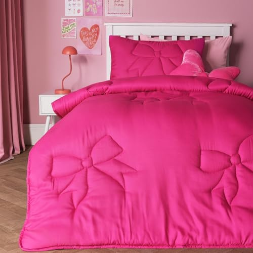 OHS 7.5 Tog Coverless Duvet Single, Gifts for Girls Soft Warm Microfibre Bows Quilted Summer Coverless Duvet Lightweight Bow Bedding Washable Single Duvets with Pillowcase, Hot Pink