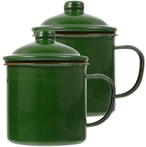 IMIKEYA Lot de 2 Tasses Émaillées 9 Cm Vert Militaire avec Couvercle, Multifonctions, Résistantes la Chaleur, pour Camping, Café, Thé, Boissons Chaudes et Maison