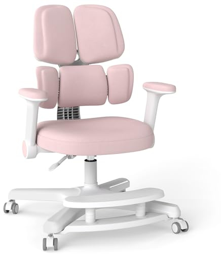 JOYLDIAS Mitwachsender Schreibtischstuhl Kinder, Rosa | Sitzhöhe 43-55 cm höhenverstellbar, 5-Zonen-Rückenlehne, Klappbare Armlehnen, 4-stufige Fußstütze, Bremsrollen