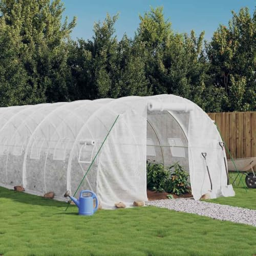 Ordellia Växthus med stålram, vit, 24 m2, folietunnel, 8 x 3 x 2 m, PE 140 g m2, med dragkedjedörr och 4 nätfönster, drivhus för grönsaker, örter, odling, frostskydd, trädgård