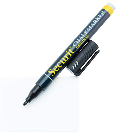 SECURIT - 20er-Set Kreidetafel-TAGs - Format A8 - Weiß | Inklusive Halter, Steckvorrichtungen, Marker - Für Cafés, Bars, Restaurants, Geschäfte