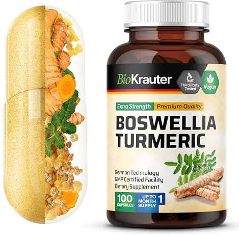 BIO KRAUTER® Turmeric Curcumin Supplement with Boswellia for Mobility Support - Vegan Turmeric with Black Pepper & Boswellia Extract 100 Capsules, 33 Days of Supply - Natural Digestive Support