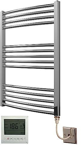 Greened House Electric Chrome 600W x 800H Curved Towel Rail + Timer and Room Thermostat Bathroom Towel Rails