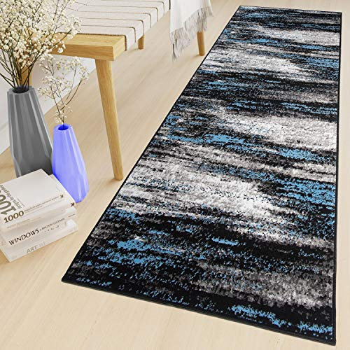 TAPISO Maya Teppich Läufer Meterware Kurzflor Wohnzimmer Flur Küche Modern Brücke Grau Blau Schwarz Verwischt Meliert Design ÖKOTEX 80 x 1500 cm