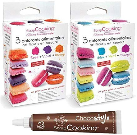 6 colorants alimentaires en poudre orange violet rose bleu vert pourpre + 1 Stylo chocolat