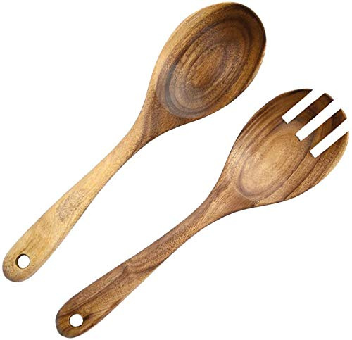 2Pcs Acacia Wood Salad Servers Salad Spoon Cutlery Servers Wooden Retro Salad Spoon