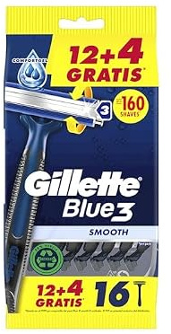 Gillette Blue3 Smooth Maquinillas de Afeitar Desechables Hombre, Pack de 16