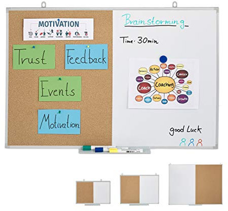 Relaxdays Kombitafel 2 in 1, Kork Pinnwand & Magnettafel, Aluminiumrahmen, Kombiboard mit Ablage, 60 x 90 cm, weiß/Natur