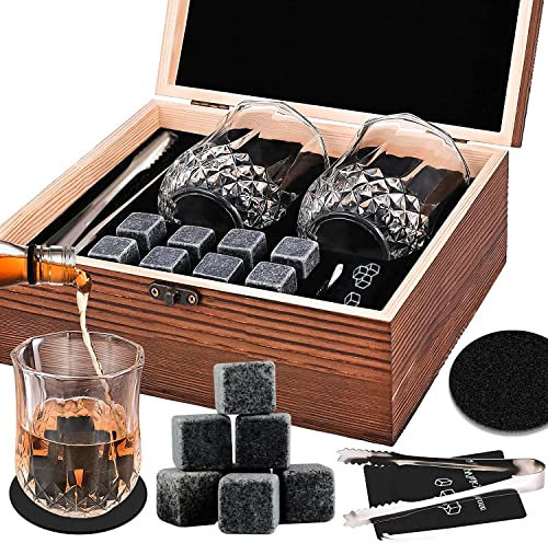 Piedras de Whisky, 8 Piedras para Enfriar, 2 Vasos, 2 Posavasos, 1 Caja de Madera, 1 Pinza para Hielo de Acero Inoxidable, 1Bolsa de Almacenamiento, para Papá, Esposo, Amigos (Madera)