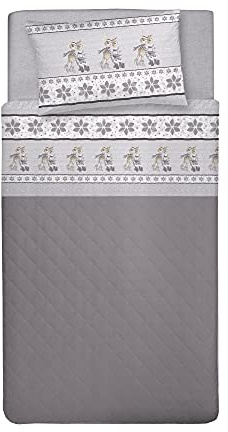 PENSIERI DELICATI Parure de lit Simple, Flanelle 100% Coton Chaud et Doux, Parure de lit 1 Place 90 x 200 cm, avec Drap Plat, Dessus et 1 taie d'oreiller, fabriquée en Italie, Motif Renne Gris