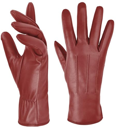 Harssidanzar Lady Leather Gloves, Winter Warm Cashmere Lining Touchscreen Texting Warm Driving Lambskin Leather Gloves GL017,Red,Size XL