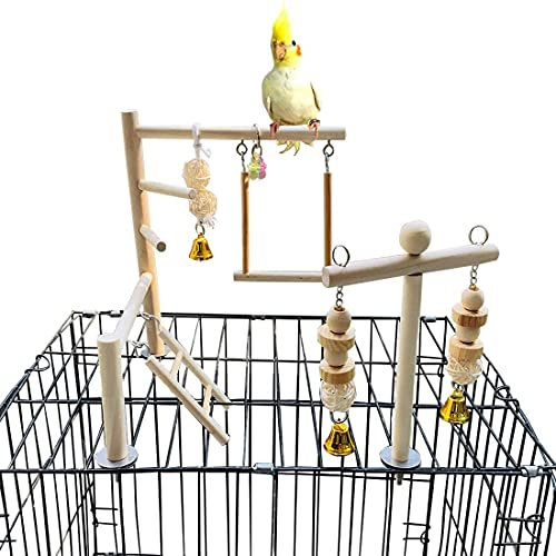 jinshang Vogelspielplatz Papageien Spielstation Sittich Käfig Spielständer Holz Sitzstangen Laufstall Leitern Conure Kauen Klettern Schaukel Spielzeug Vogelkäfig Zubehör für kleine Kakadu