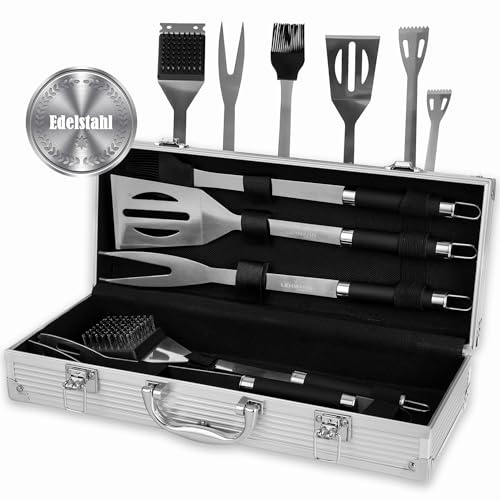 LEHMANN Kit Barbecue Ustensiles en Acier Inoxydable, 5 pcs - Pince, Spatule, Fourchette, Brosse de Nettoyage et Pinceau Silicone, Set Accessoires Barbecue avec Mallette Portable, Idée