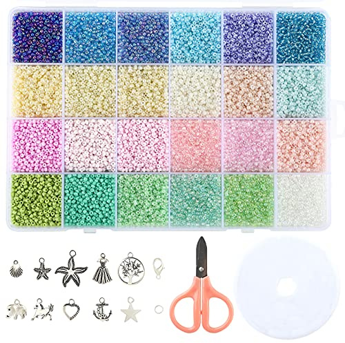 Naler 24000 Stück Rocailles Perlen 2 mm Glasperlen Heller Farbton Rund Beads mit Charms Anhängern und Schmuckfaden zum Basteln, 24 Farben