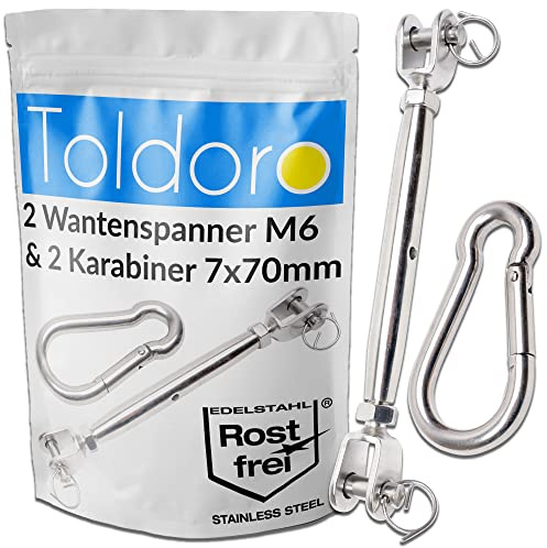 Toldoro® Sonnensegel Spanner Set - 2x Wantenspanner M6 mit 2x Karabiner 70mm - Befestigung für Abdeckplane oder Tarp