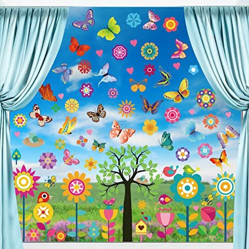 TOPJOWGA Fensterbilder Frühling Selbstklebend, 9 Blatt Fenster Klammert Blumen Schmetterling Fenster, Anti-Kollision Aufkleber Fenstersticker Blumen Fensterdeko, Wandaufkleber für Kinderzimmer Deko