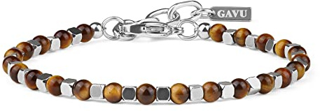 GAVU Stainless Steel Clasp Brown Tiger Eye Stone Beaded Bracelet for Men