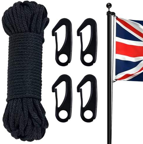 NQ Flaggstångsrep med flaggstångsklämma, 15 m nylonflaggrep med 4 st flaggstångsklämmkrokar, flaggstång halyard rep kit, nylonsladd för utomhus, camping, gunga, klädstreck, trädgård (svart)